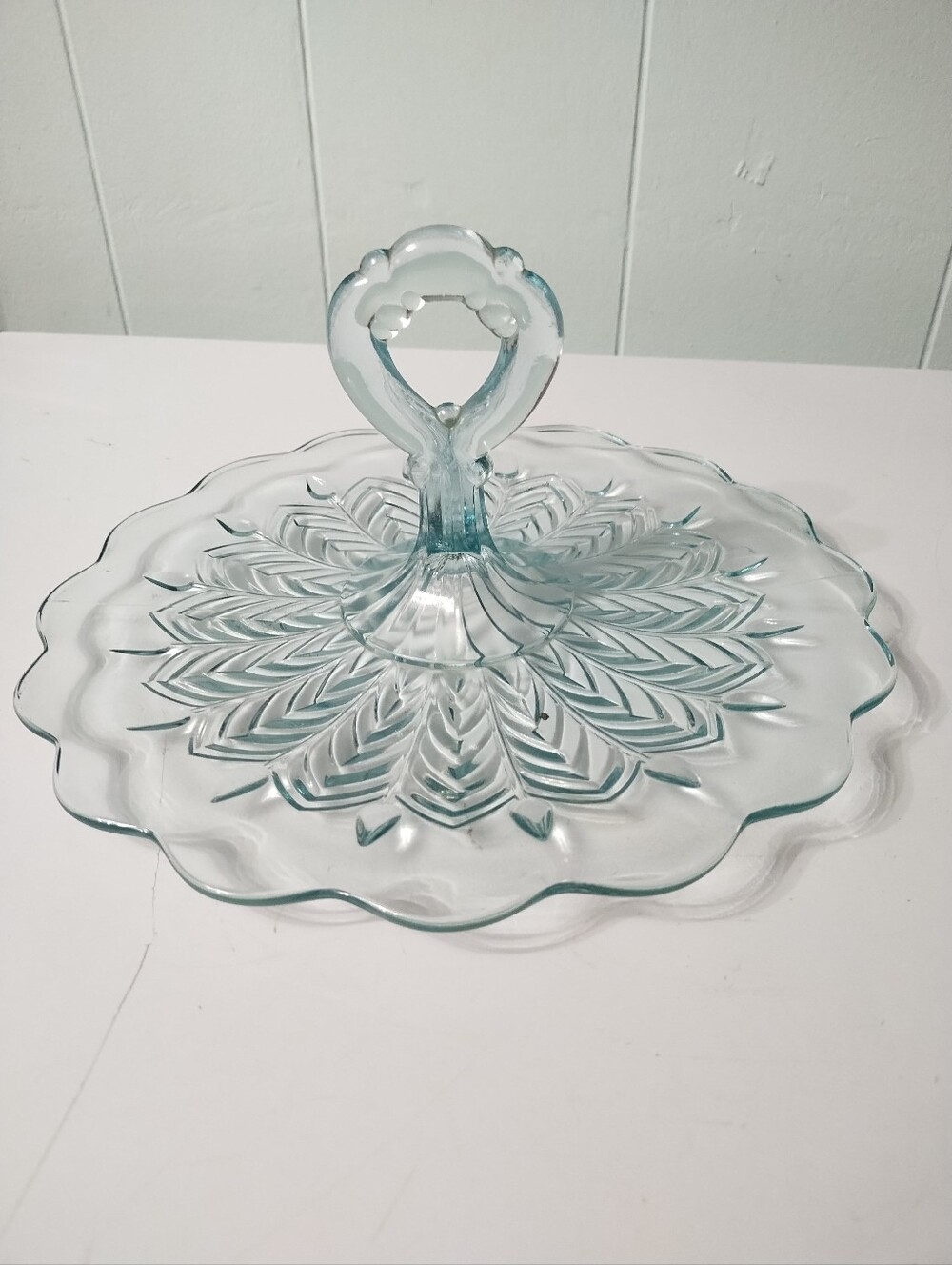 Vintage Ice Blue Feather Pattern Handled Large Tidbit/Cake Serving Tray